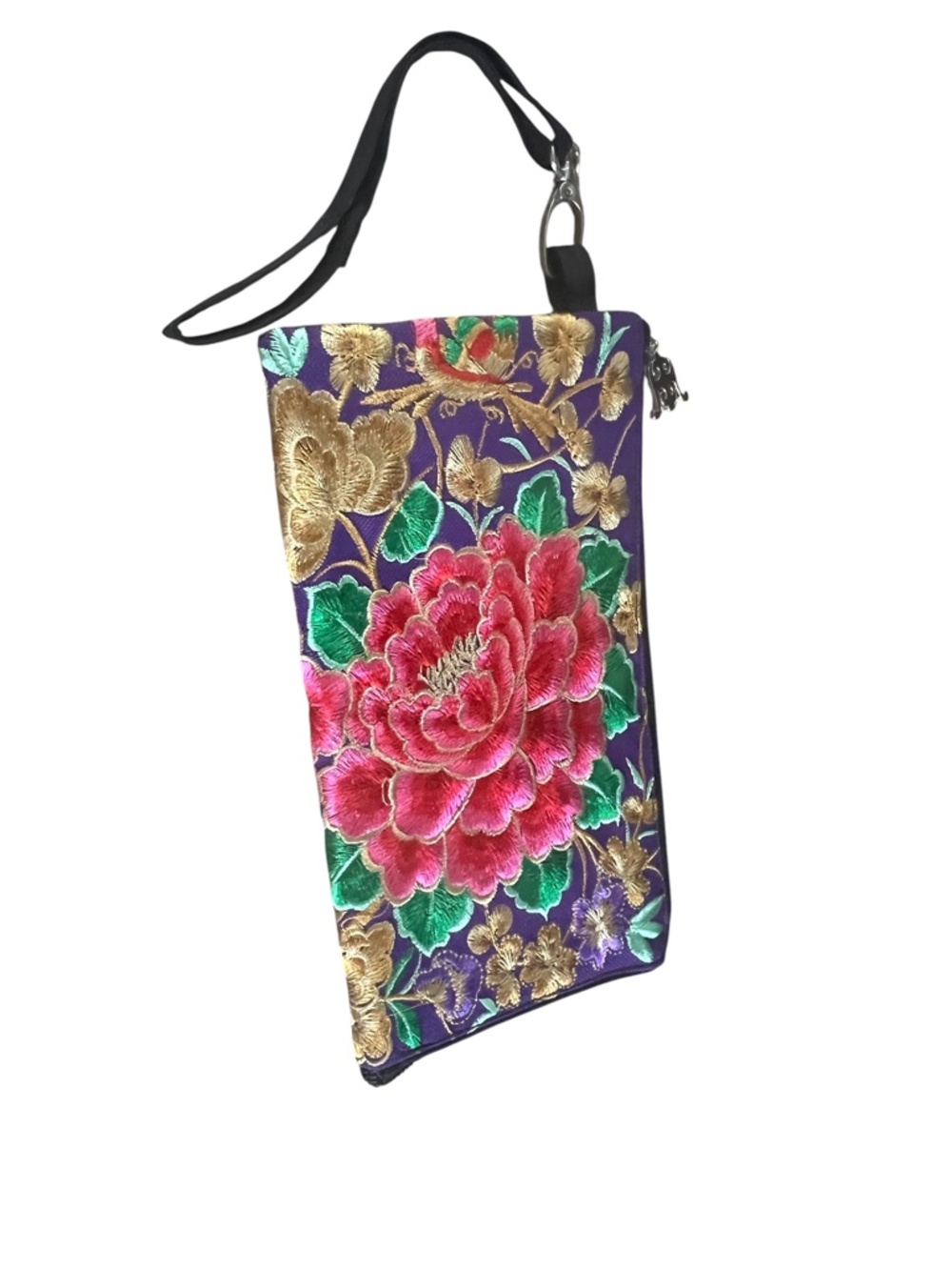Unbranded Embroidered Floral Wristlet Wallet Purple Pink Peony Zip Around